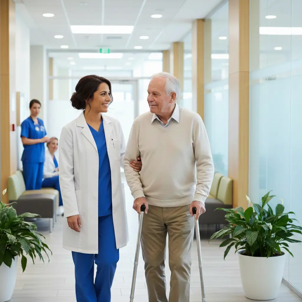 Professionista sanitario assiste un paziente anziano con le stampelle nel corridoio del centro medico