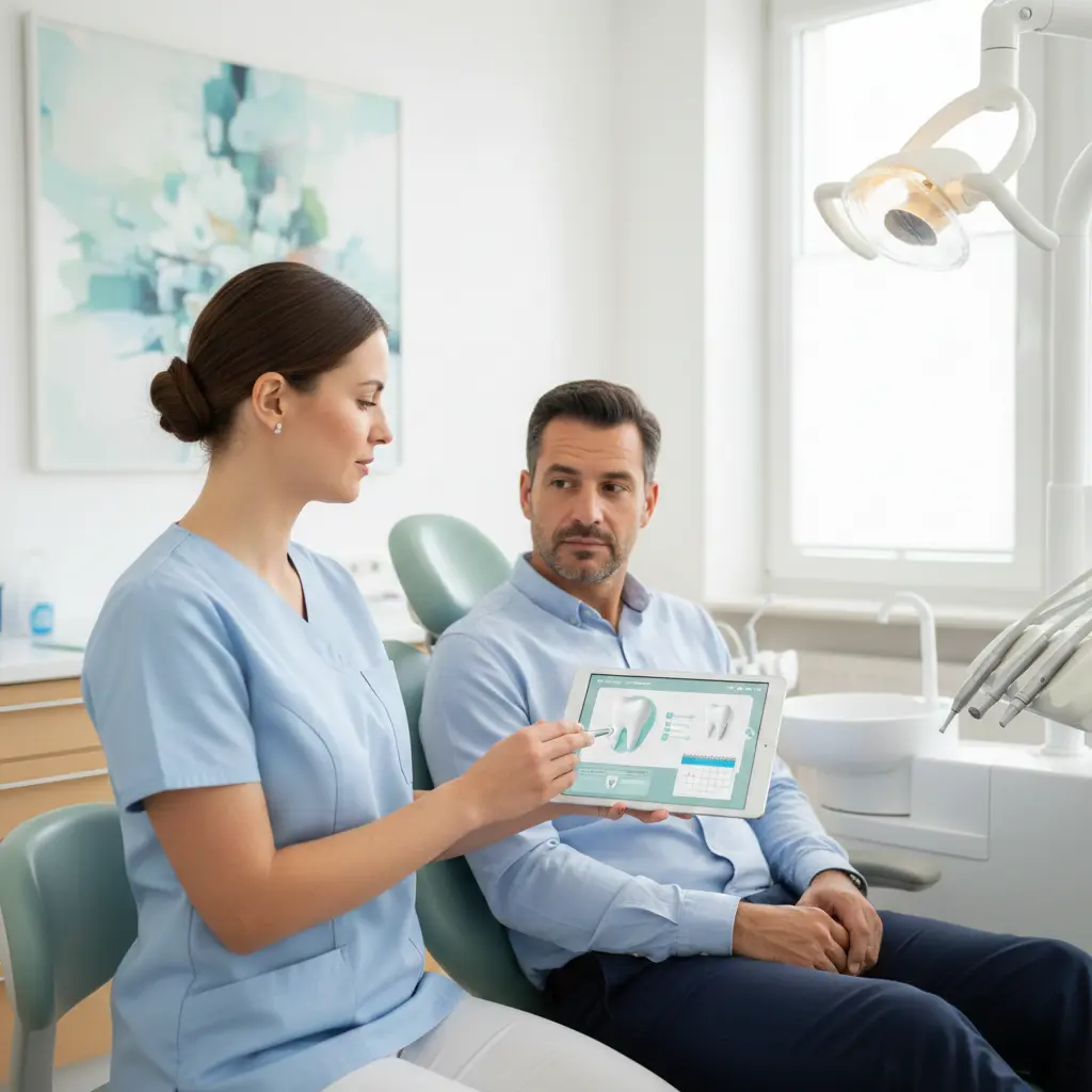 Assistente medico mostra la radiografia su un tablet a un paziente maschio in una clinica dentale moderna