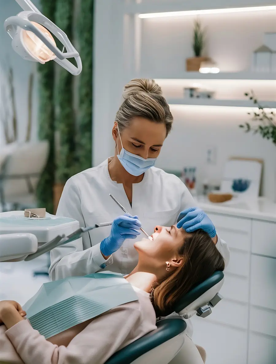 Dentista professionista in maschera e guanti blu esegue un trattamento odontoiatrico su una giovane paziente nel centro