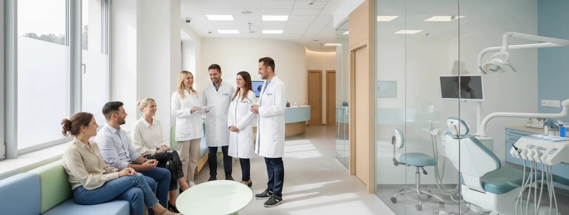 Equipe medica e pazienti nell'area di attesa di una clinica dentistica moderna nel centro polispecialistico