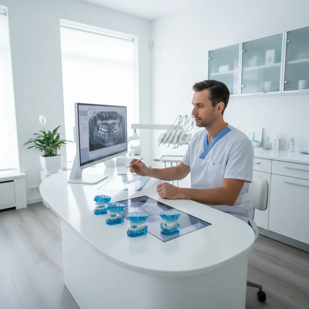 Dentista in camice pianifica un trattamento dentale guardando modelli e radiografie digitali su monitor nel centro