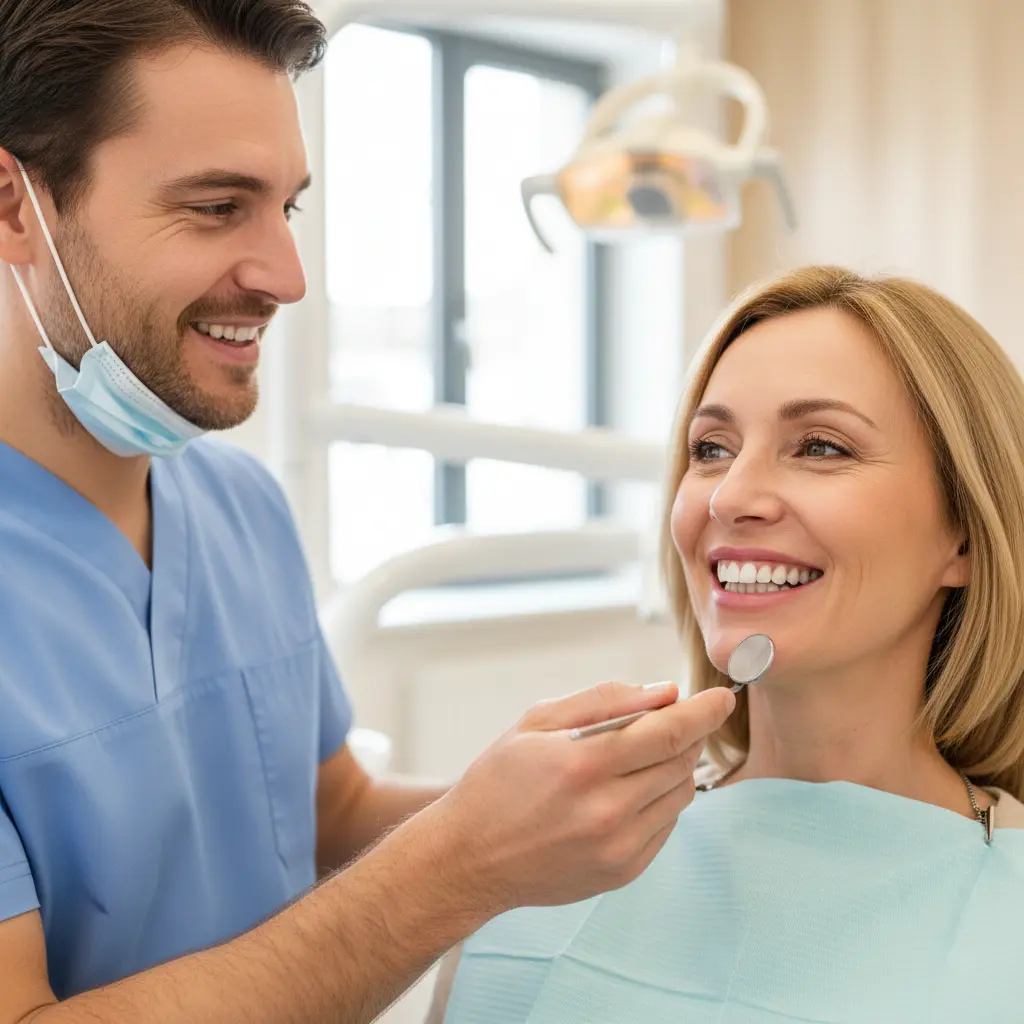 Paziente femminile soddisfatta con un bel sorriso dopo un trattamento di estetica dentale, assistita da un dentista maschio nel centro
