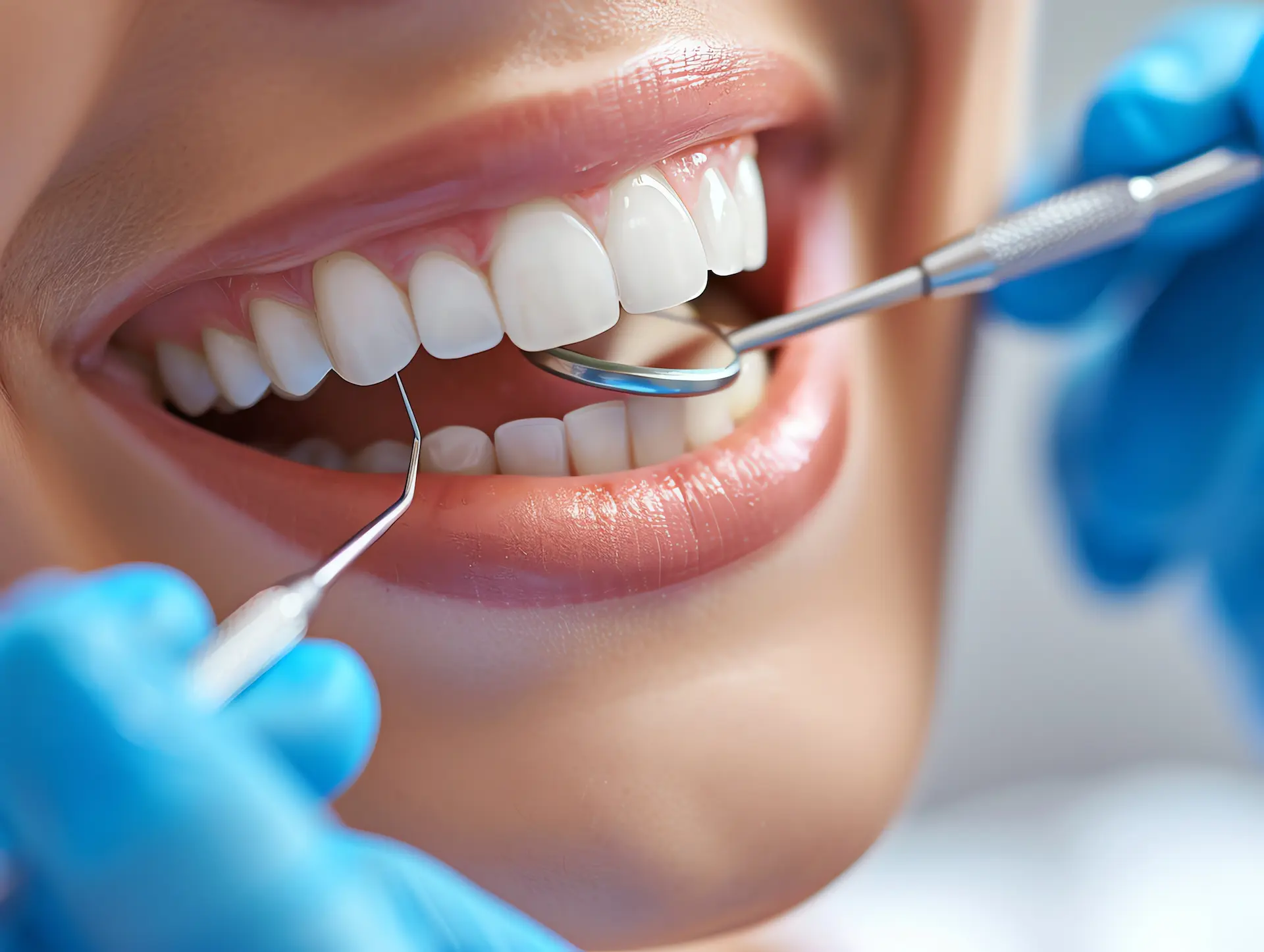 Primo piano della bocca di una paziente con denti bianchi e sani dopo un trattamento di sbiancamento dentale nel centro