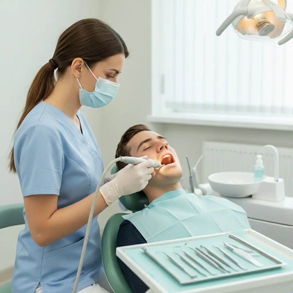 Dentista in maschera esegue un trattamento odontoiatrico su un paziente maschio, con strumenti medici in primo piano nel centro