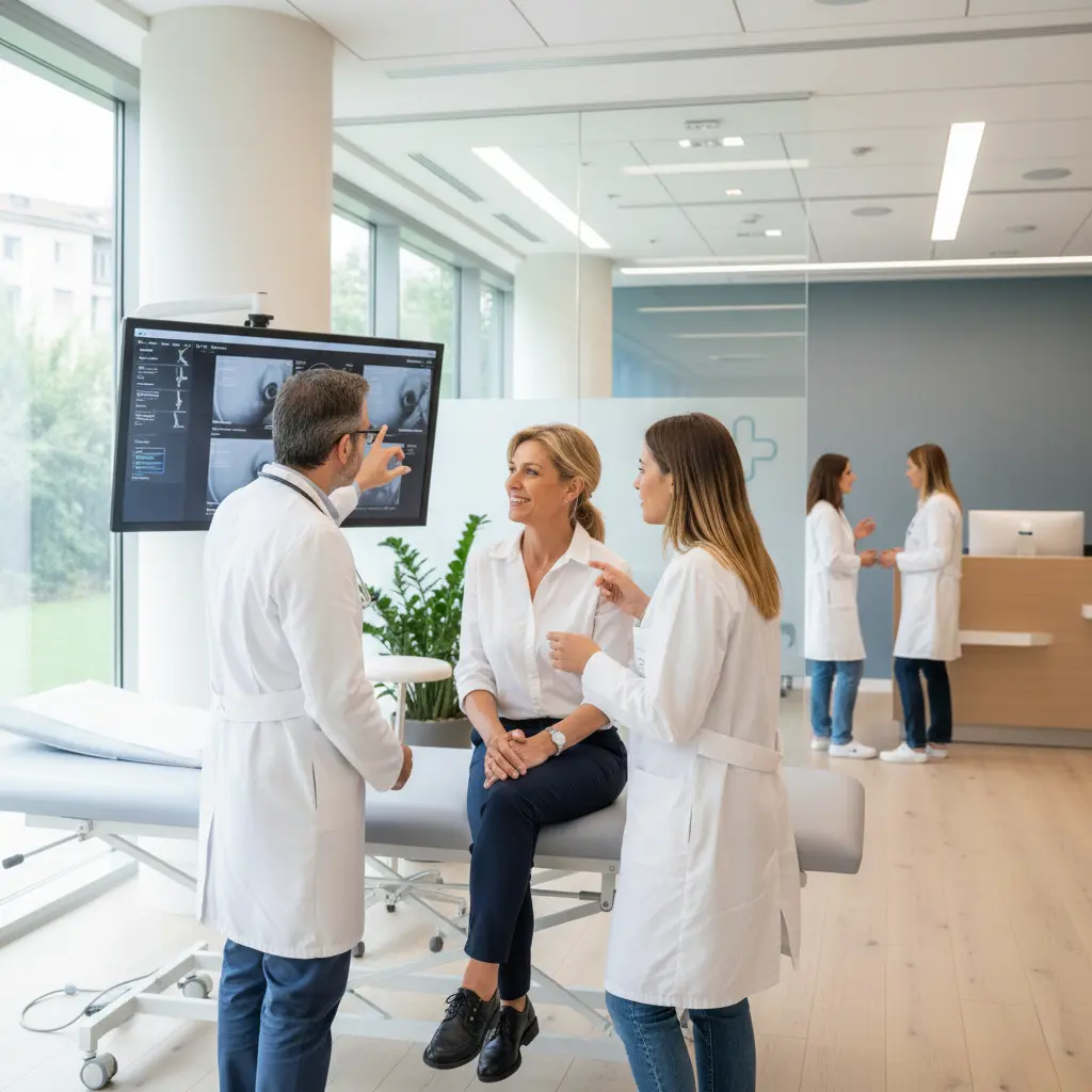 Medico e assistente mostrano su un grande monitor i risultati di una radiografia a una paziente nel centro polispecialistico